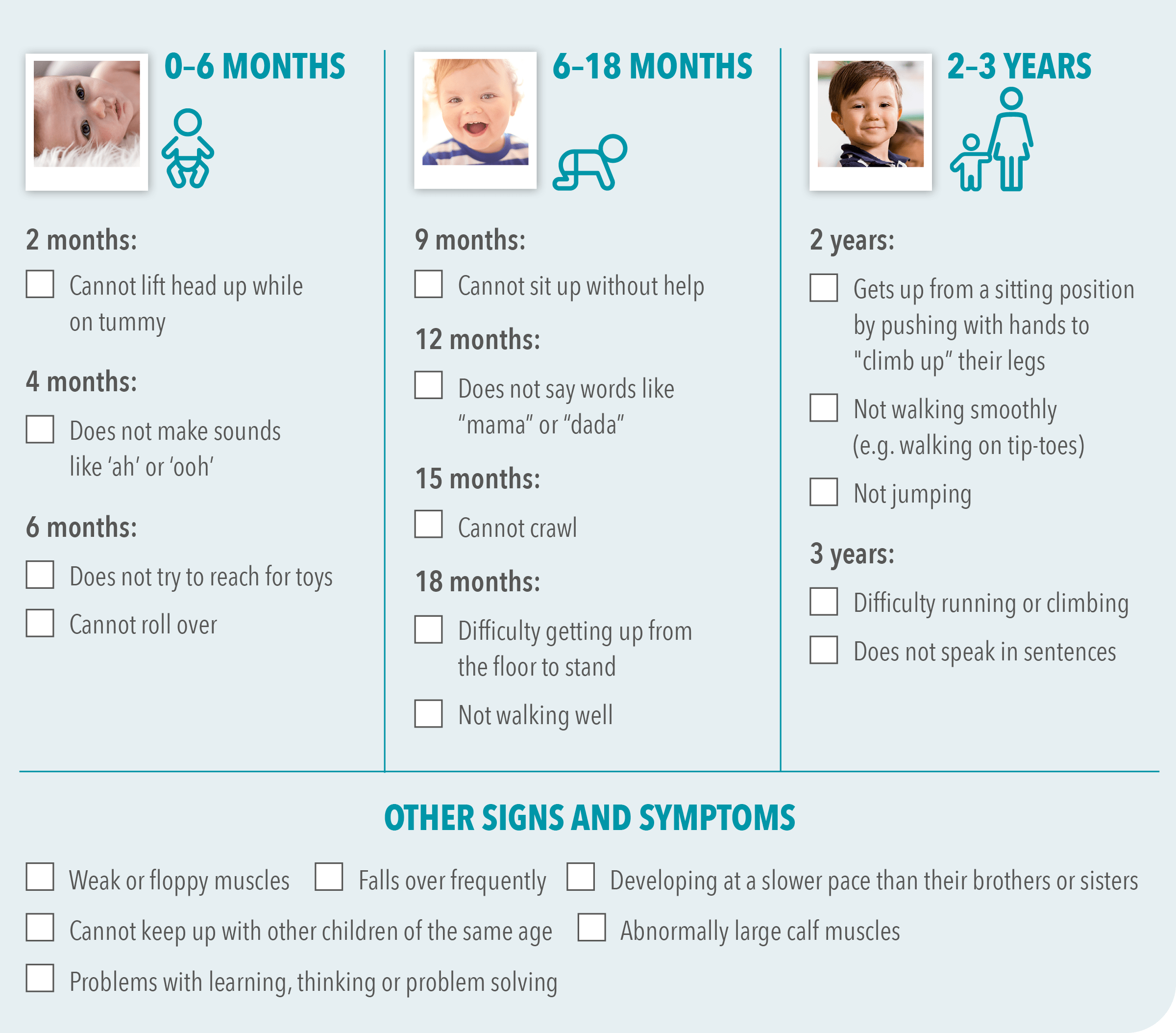 Checklist of the DMD symptoms from 2 months–3 years